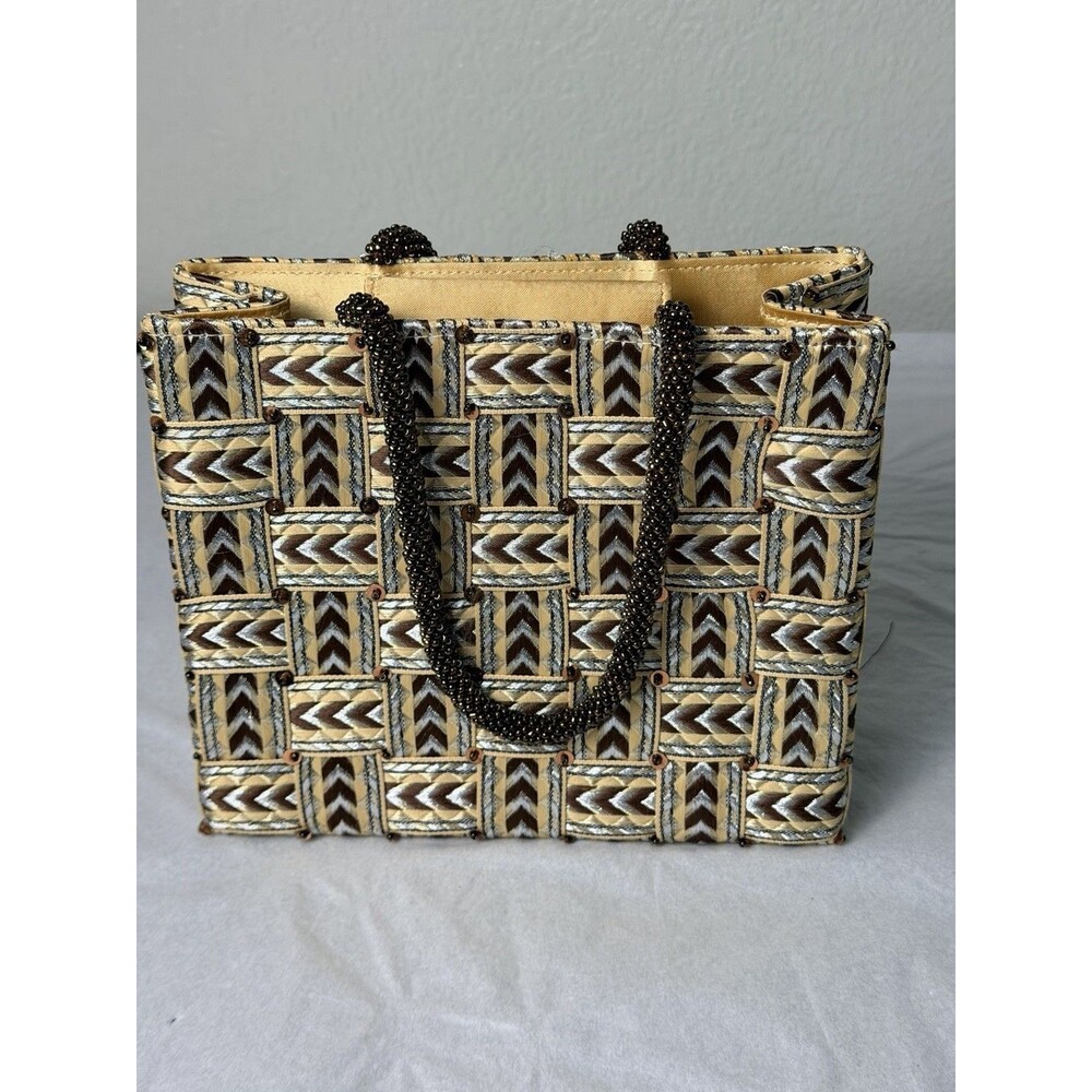Vintage Vanessa Woven Handbag Beaded Handle Chevron Geometric Tote Purse MINT - Picture 8 of 8